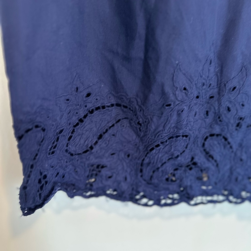 VTG 80s Hibis SzM Navy blue Lightweight midi-length pencil skirt Eyelet lace hem - Picture 6 of 11